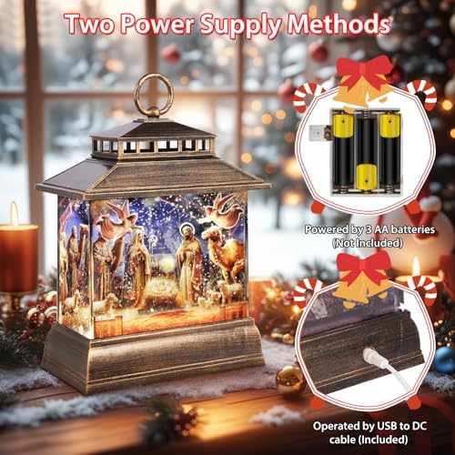 Christmas Snow Globe Lantern Water Glittering Lantern with 8 Songs & 6H Timer Romote Control Christmas Snow Globes USB & Battery Operated for Christmas Festival Decorations Gifts (Nativity) - Image 4