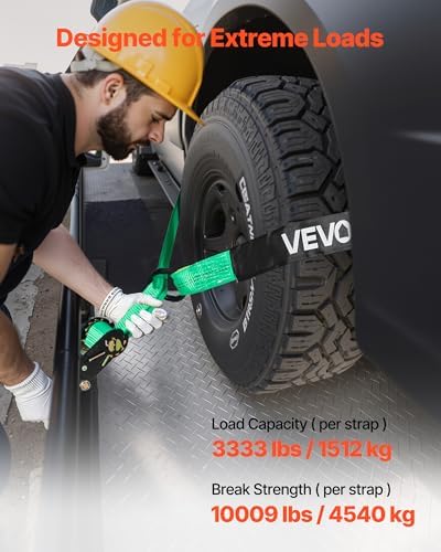 VEVOR Wheel Chock Tie-Down Kit, Tire-Style Tow Dolly Strap, Car Kit with Heavy-Duty Hook, Break Strength 10009 lbs & Working Load 3333 lbs Motorcycle Tie-Down System with O-Ring for ATV, SUV