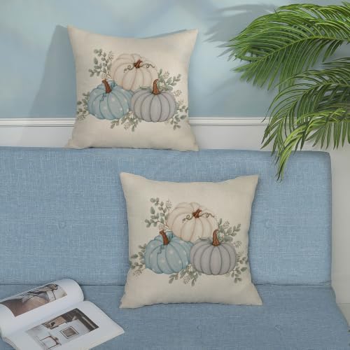 Fall White Teal Blue Pumpkin Leaf Pillow Covers 18x18 Set of 2 - Image 4
