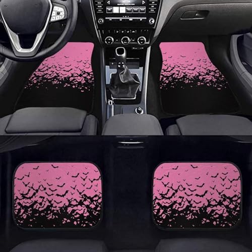 Pink Black Bat Print Funny Halloween Car Floor Mats 4 PCS, Cute Durable Interior Accessories for Car SUV, All Weather Floor Mats with Front Rear Trunk Liners Set for Party
