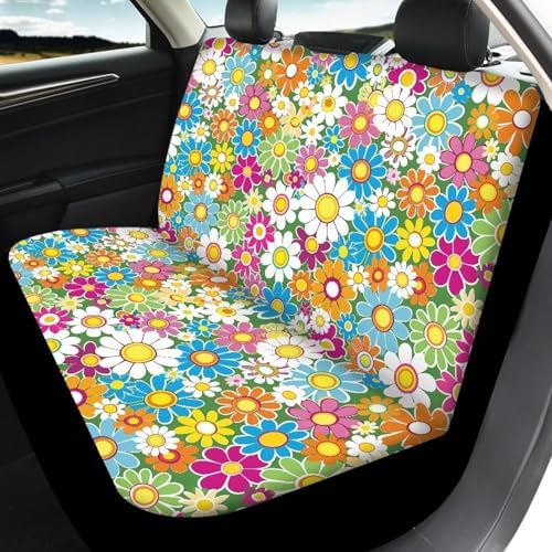 Vibrant Hippie Flower Print Car Seat Covers 4Pcs Front & Rear Breathable Seat Covers Universal Fits for Truck, Sedan, SUV Auto Interior Protector Car Accessories