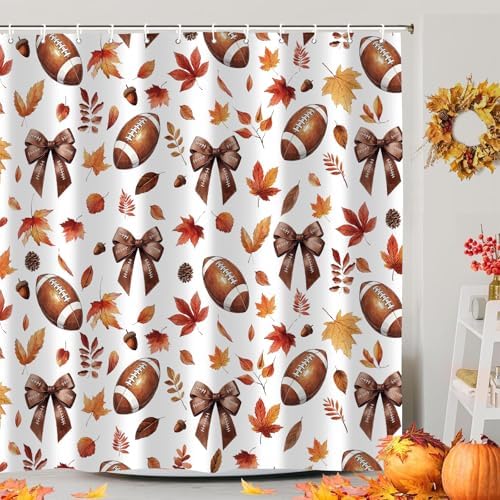 Fall Shower Curtain, Autumn Football Bowknot Fallen Leaves Shower Curtain for Bathroom Decor, Funny Fall Thanksgiving Fabric Bath Curtain for Bathroom Set, 72 X 72 Inch - Image 3