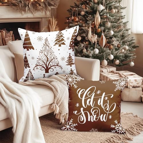 Lanpn Christmas Throw Pillow Covers 22x22 Set of 4, Merry Christmas Winter Xmas Snowflake Decorative Holiday Cushion Pillow Cases 22 x 22 for Outdoor Indoor Farmhouse Home Room Couch Decor (Brown) - Image 4