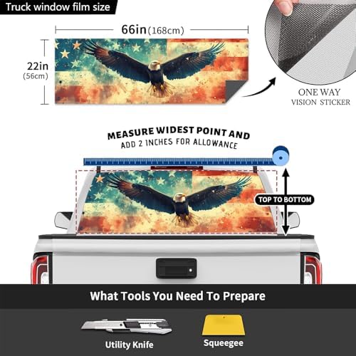 Vintage Flag Eagle Truck Rear Window Graphic Decals, Rustic Nature Animal Pickup Car Window Stickers Truck Back Window Film Decal for Trucks SUV 66 x 22 inch
