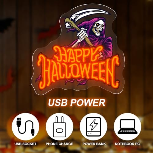 Happy Halloween Neon Sign, Skeleton With Reaping Hook LED Light, 13.4"x13" - Image 4