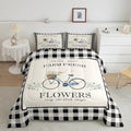Rustic Farmhouse Comforter Set King Size Vintage Bicycle Flowers Quilt Set Geometric Black White Plaid Bedding Set 3pcs for Kids Girls Women Room Decor Spring Nature Duvet Insert,2 Pillowcases by Homewish