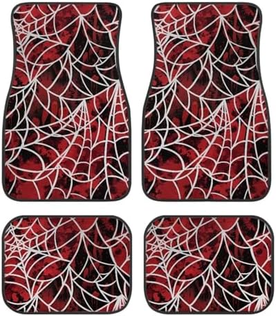 Red Blood White Spider Web Print Funny Halloween Car Floor Mats 4 PCS, Cute Durable Interior Accessories for Car SUV, All Weather Floor Mats with Front Rear Trunk Liners Set for Party
