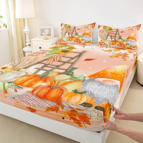 Happy Fall Gnomes Bedding,Thanksgiving Pumpkin Bed Sheets Queen Fall Home Room Decor,Autumn Natural Harvest Season Fitted Sheet + Flat Sheet + 2 Pillow Cases,Rustic Maple Leaf Sunflower Sheet Set - Image 6