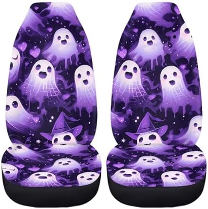 Ghost 2 Pcs Car Seat Covers Full Set, Halloween Cute Gothic Ghost Front Split Bench Seat Covers for Cars, Purple Fluid Painting Universal Seat Cover for Sedan,SUV,Truck