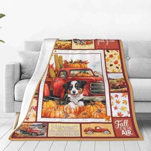 Autumn Harvest Blanket PumpkinsThrow Blanket Red Truck Puppy Bedding Fall Gifts Cozy Fleece Flannel Lightweight Stuff Plush for Men Women Boys Adults for Couch Sofa Bed Home Decor 60"X80" - Image 4