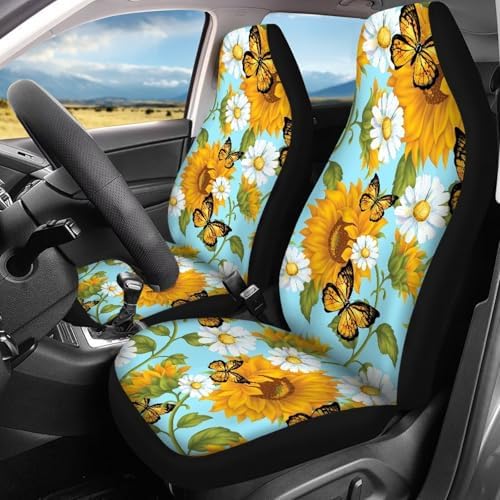 Sunflower Daisy Butterfly Car Seat Covers Full Set Front Rear Backrest Cover + Rear Bottom Bench Cover Vehicle Seat Protector Car Covers for Auto Cars Sedan SUV