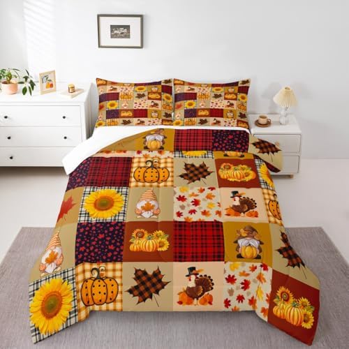 Homewish Vintage Fall Yellow Red Plaid Comforter Set Full Size Pumpkin Maple Leaf Sunflower Bedding Set Kids Girls Rustic Farm Plants Quilt Set Teens Women Thanksgiving Turkey Gnome Duvet Insert 3Pcs - Image 5