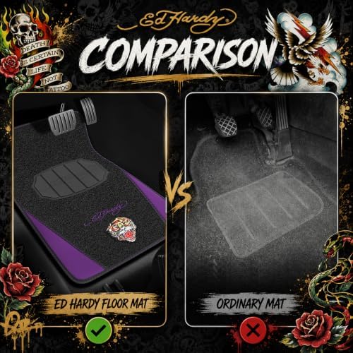 ED HARDY Tiger Print Car Floor Mats, Carpet Floor Mats with Purple Leather Design, Automotive Car Mats with Built-in Heel Pad & Anti-Slip Backing, Fits Most Cars, SUVs & Trucks, Durable & Odorless