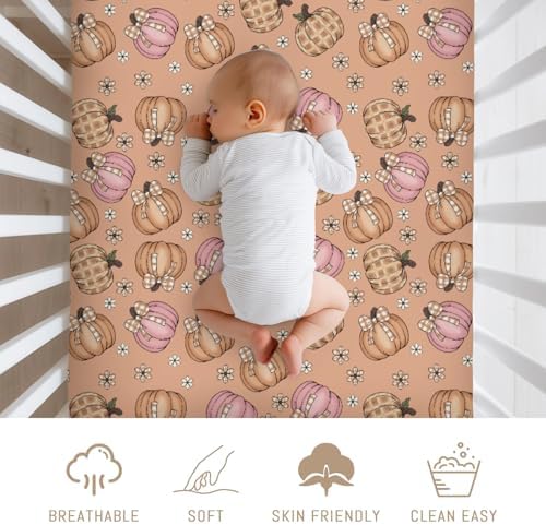 Boho Fall Pumpkin Bows Plaids Baby Crib Sheets for Boy Girl Autumn Pumpkins Floral Checks Soft Snug Fitted Crib Mattress Covers for 52''x28'' Standard Crib & Toddler Mattress Thanksgiving Baby Sheet - Image 3