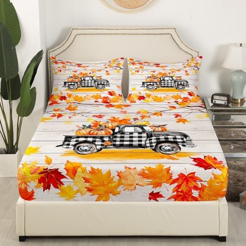Fall Plaid Pumpkin Truck Bedding Set For Queen Bed,Rustic Farmhouse Barn Door Bed Sheets Autumn Harvest Thanksgiving Sheet Set Gifts Red Gold Maple Leaf Fitted Sheet Retro Watercolor Flat Sheet 4 Pcs - Image 3