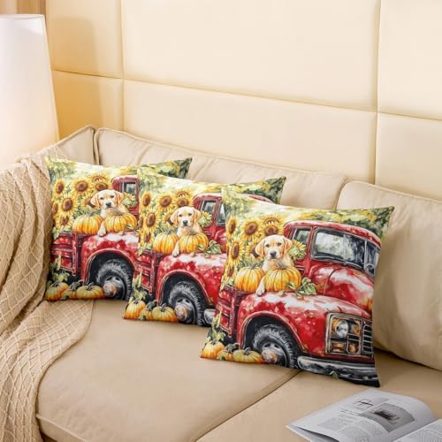Manfei Pumpkin Red Truck 2 Pack Pillow Covers 16"x16",Cute Puppy Dog Sunflower Rustic Farmhouse Pillowcase Double Sides Print Cushion Case,Fall Harvest Thanksgiving Day Throw Pillow Covers - Image 4