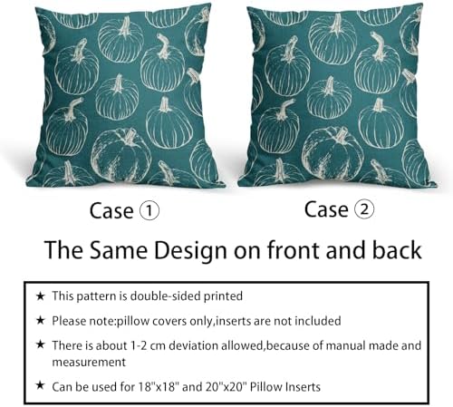 Teal Fall Pumpkin Pillow Covers 22x22 Set of 2 Autumn Themed Thanksgiving Cream Print Decorative Throw Pillows Outdoor Pillowcase Farmhouse Linen Cushion Case Decor for Home Sofa Couch Bed - Image 6