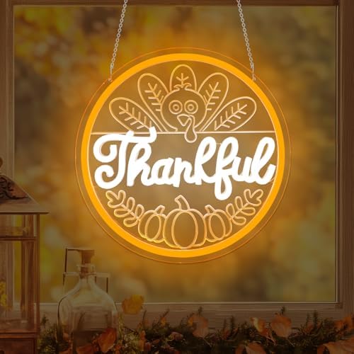 Thanksgiving Neon Signs for Wall Decor Thankful Led Sign Dimmable 3D Engraving Turkey Pumpkin Neon Lights Give Thanks Window Lights Harvest Party Decorations - Image 3