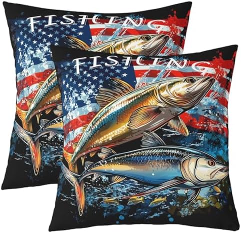 Manfei Fishing Reversible Print Pillow Covers 18"x18" Pack of 2,Lodge Bass Fish Rustic Lake Animal Throw Cushion Covers,Red Blue American Flag Hippie Graffiti Couch Pillow Covers by Manfei