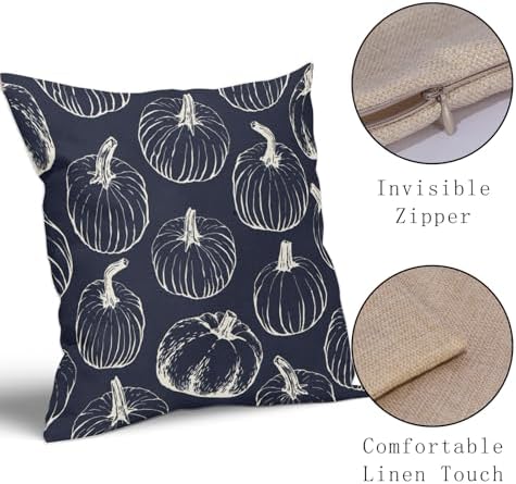 Dark Blue Fall Pumpkin Pillow Covers 20x20 Set of 2 Autumn Themed Thanksgiving Cream Print Decorative Throw Pillows Outdoor PillowCase Farmhouse Linen Cushion Case Decor for Home Sofa Couch Bed - Image 4