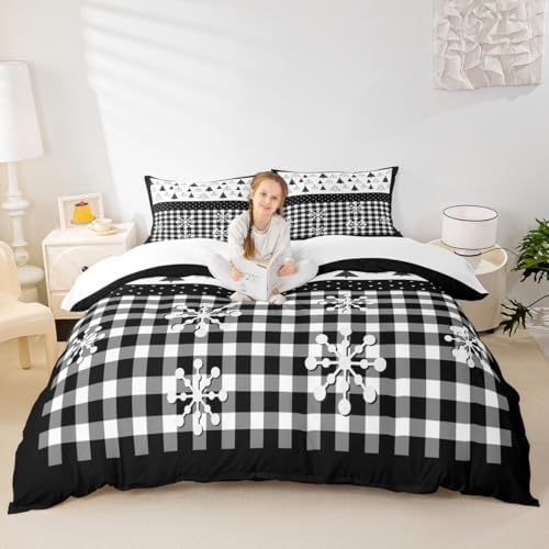 Merry Christmas Kids Duvet Cover Set Twin Size,Christmas Trees Snowflake Xmas Bedding Set,Girls Boys Adults Room Decor,Geometric Grids Dots Comforter Cover,Black White Chic Quilt Cover,1 Pillowcase by Manfei