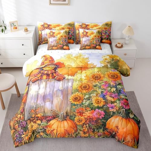 Erosebridal Rustic Fall Bedding Set King 7 Piece Farmhouse Scarecrow Bed in A Bag Country Pastoral Sunflower Pumpkin Comforter Set for Kids Adults Watercolor Autumn Sheet Set with Comforter by Erosebridal