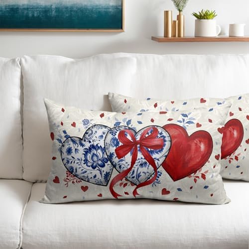 Valentines Day Pillow Covers 12x20 Set of 2 Red Blue Heart Throw Pillow Covers Love Pillowcase Linen Decoration Farmhouse Holiday Cozy Soft Cushion Case Couch for Indoor Outdoor Home Decor - Image 2