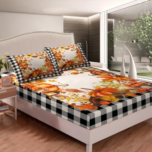 Thanksgiving Bed Sheets Fall Pumpkin Mushrooms Bedding Sheets Twin Brown Buffalo Plaid Sheet Set,Autumn Harvest Season Fitted Sheet + Flat Sheet + 1 Pillow Case,Fall Decorations For Home Bedroom - Image 4
