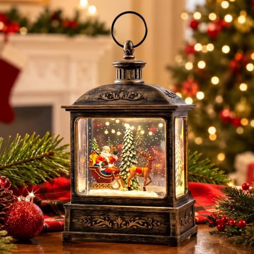 Christmas Snow Globe Lantern Water Glittering Santa Sleigh & Reindeer Scene with Music, USB Lined/Battery Operated Lighted Lantern for Christmas Festival Decoration Gifts by Qualdout