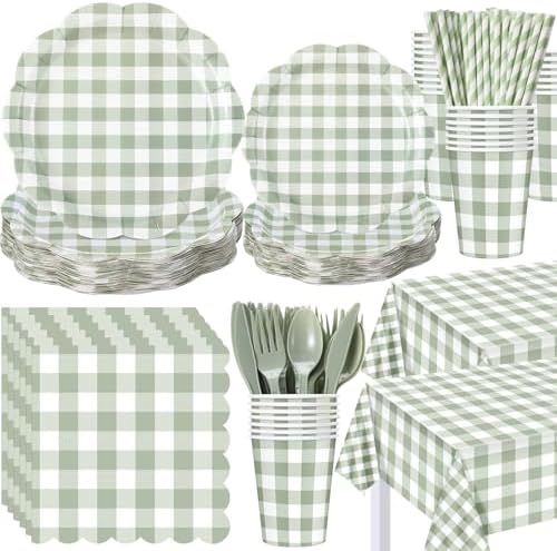 Funnymoom 452 Pcs Sage Green White Gingham Checkered Party Supplies for 50 by Funnymoom