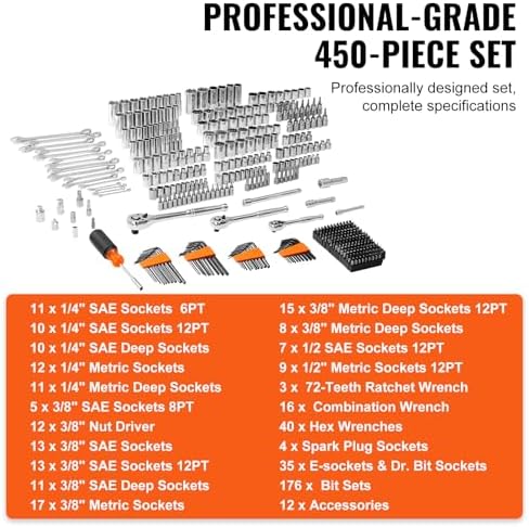 VEVOR Mechanics Tool Set and Socket Set, 1/4" 3/8" 1/2" Drive Deep and Standard Sockets, 450 Pcs SAE and Metric Mechanic Tool Kit with Bits, Hex Wrenches, Combination Wrench, Accessories, Storage Case - Image 3