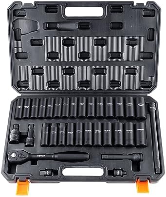 VEVOR Impact Socket Set 1/2" Drive, 33-Piece SAE (3/8 to 1 inch) & Metric (10 to 24 mm) Size, CR-V, 6 Point Standard Deep Socket Set with Extension Bar, Universal Joint, Adapter, Reducer by VEVOR