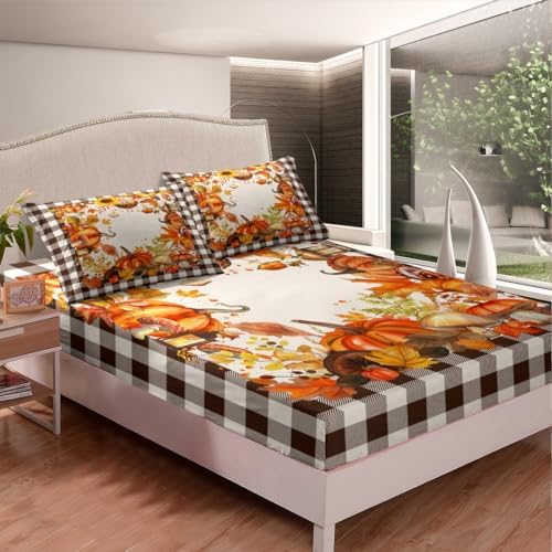 Buffalo Plaid Pumpkins Mushrooms Bedding Set King,Vintage Fall Harvest Theme Bed Sheets For Home Bedroom,Autumn Maple Leaves Sunflower Sheet Set Thanksgiving Gifts Flat Sheet Orange Brown White 4Pcs - Image 4