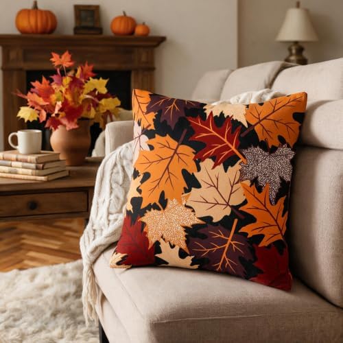 Fall Leaf Pillow Covers 22x22 Set of 2 Black Orange Maple Leaves - Image 4