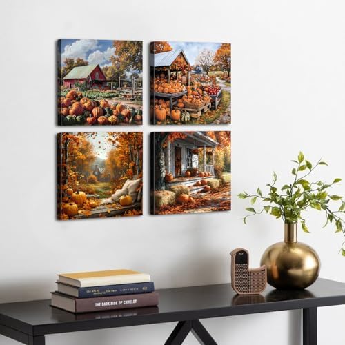 Rustic Fall Pumpkin Wall Art Farmhouse Barn Landscape Wall Decor for Living Room Vintage Autumn Picture Bedroom Nature Country Scenery Canvas Print Modern Artwork Kitchen Home Decoration 12x12" 4P - Image 6