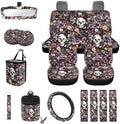 Skull Boho Floral Car Seat Cover Sets Steering Wheel Cover Seat Belt Cover Trash Bin Air Vent Storage Box Front Rear View Mirror Cup Holder Keychain 15Pcs Car Accessories