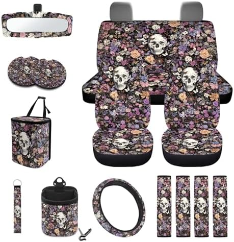 Skull Boho Floral Car Seat Cover Sets Steering Wheel Cover Seat Belt Cover Trash Bin Air Vent Storage Box Front Rear View Mirror Cup Holder Keychain 15Pcs Car Accessories