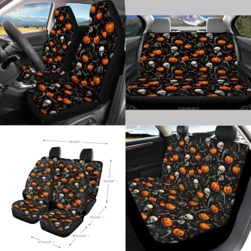 15Pcs Car Seat Cover Full Set Car Steering Wheel Cover Seat Belt Cover Trash Bin Air Vent Storage Box Front Rear View Mirror Car Cup Holder Keychain, Halloween Gothic Pumpkin & Skull