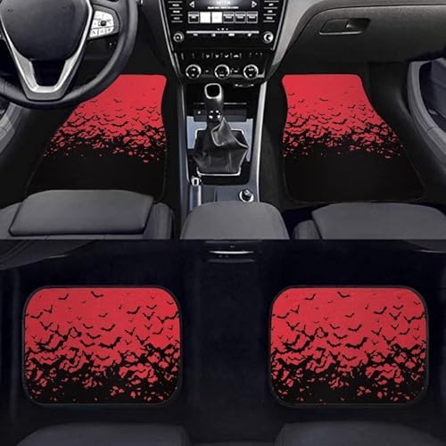 Red Black Bat Print Funny Halloween Car Floor Mats 4 PCS, Cute Durable Interior Accessories for Car SUV, All Weather Floor Mats with Front Rear Trunk Liners Set for Party