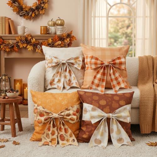 GAGEC 3D Fall Pillow Covers 18x18 Inch Set of 4 Bow Plaid Pillowcases Marple Leaves Pumpkins Autumn Decor Fall Decorations for Home Farmhouse Sofa Cushion Case Holiday Thanksgiving Indoor Decor - Image 2