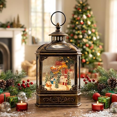 Christmas Snow Globe Swirling Glittering Lantern Santa Flying with Reindeer, USB Lined/Battery Operated Lighted Water Lantern for Christmas Festival Decoration Gifts - Image 3