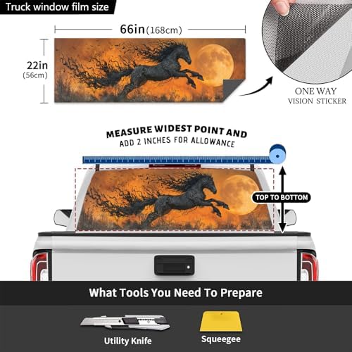 Moonlit Runing Horse Truck Rear Window Graphic Decals, Vintage Glam Fire Animal Pickup Car Window Stickers Truck Back Window Film Decal for Trucks SUV 66 x 22 inch