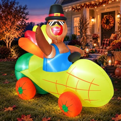 zukakii 6FT Thanksgiving Inflatable Turkey Driving Corn Car Fall inflatables with Bright Built-in LED Lights Thanksgiving Blow Up Turkey Outdoor Blow Up Yard Decoration for Harvest Fall Yard Decor by zukakiiHalloweenInflatablesDecorations