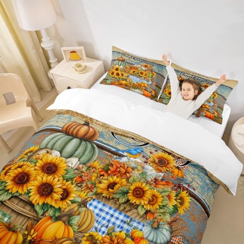 Happy Thanksgiving Kids Duvet Cover Set Twin Size,Fall Sunflowers Pumpkin Bedding Set,Girls Boys Adults Room/Cabin Decor,Vintage Wooden Plank Autumn Comforter Cover,Rustic Quilt Cover,1 Pillowcase - Image 3