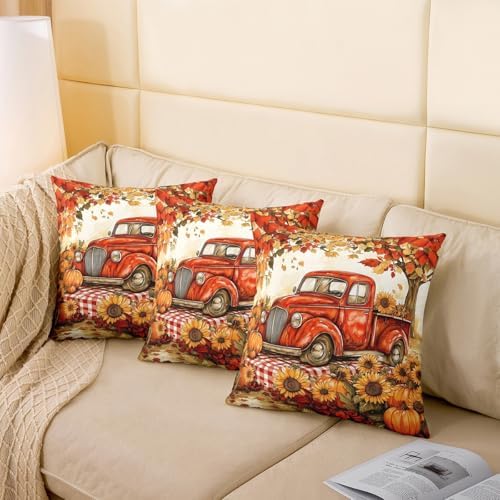 Fall Truck Pillow Case Covers 18"x18" Pack of 2,Sunflower Pumpkin Car Thanksgiving Day Soft Square Pillow Covers,Autumn Maple Leaves Farmhouse Sofa Pillow Covers,Double Sides - Image 4