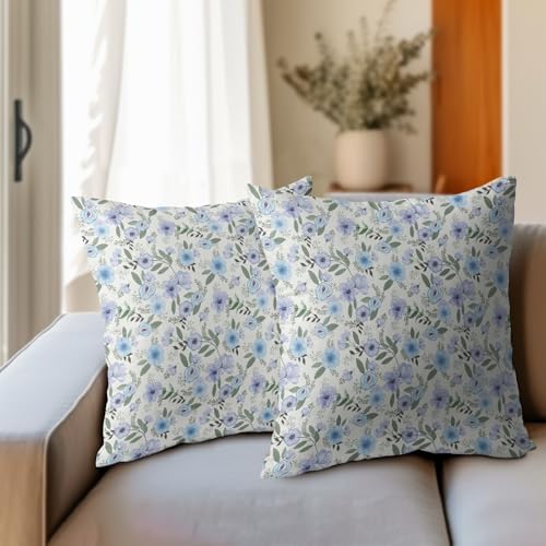 Light Blue Pillow Covers 20x20 Set of 2 Spring Floral Throw Pillow Covers Vintage Pillowcase Linen Decoration Farmhouse Soft Decorative Purple Green Cushion Case Couch for Indoor Outdoor Home Decor - Image 3