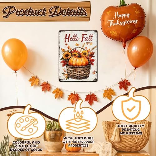Thanksgiving Day Pumpkin Retro Tin Sign Hello Fall Metal Wall Decor for Living Room Bedroom Kitchen Office Front Porch 12x16Inch - Image 3