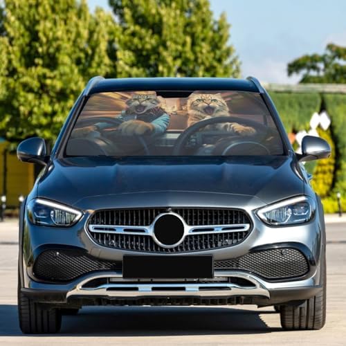 Cool Cat Animal Driving Windshield Sun Shade, Car Sunshade for Auto Truck SUV, Sun Shield that Keeps Your Vehicle Cool, Foldable, Storage Bag 59 x 30 in