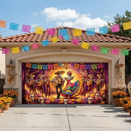 Day of The Dead Garage Door Cover 8x7ft Skull Dancing Halloween Decor - Image 7