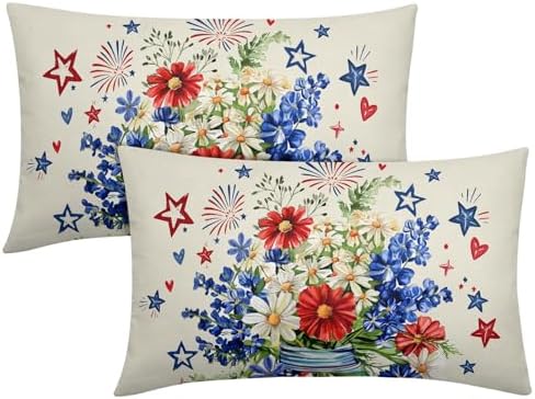 4th of July Pillow Covers 12x20 Set of 2, Patriotic Throw Pillow Covers Independence Memorial Day Pillowcase, Summer Floral Decorative Fourth of July Cushion Case Couch for Indoor Outdoor Home Decor by Unknown
